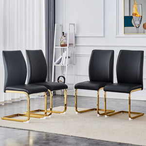 English Elm Luxury Simple Arch Chair - Set Of 4 Black Pu Material High Resilience Dining Chair With Arched Metal Gold Leg.