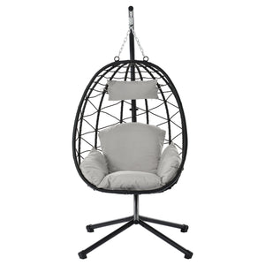 English Elm Egg Rattan Hanging Chair with Stand – All-Weather PE Wicker Swing Seat, Cozy Cushion, 350lb Capacity Light Gray W874106467