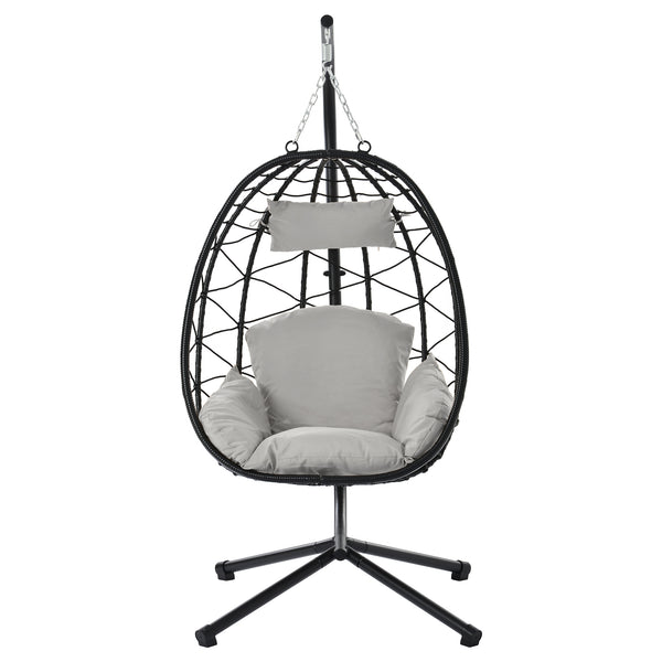 English Elm Egg Rattan Hanging Chair with Stand – All-Weather PE Wicker Swing Seat, Cozy Cushion, 350lb Capacity Light Gray W874106467