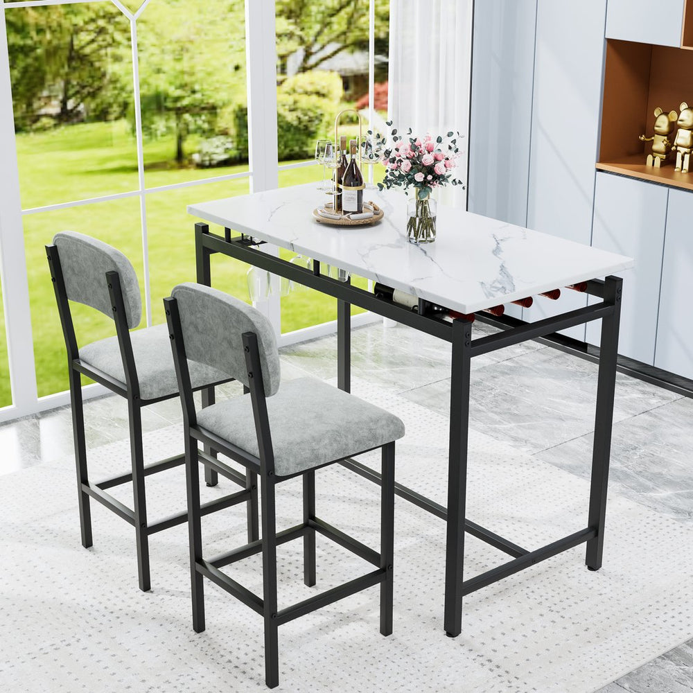 English Elm Modern Bar Table Set for 2 with Marble-Style MDF Top, Sturdy Steel Frame, Cushioned PU Chairs, Grey/Black Finish W578P150070