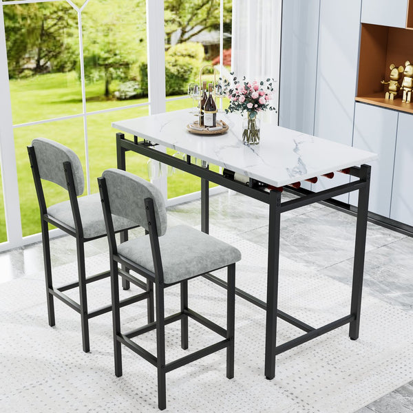 English Elm Modern Bar Table Set for 2 with Marble-Style MDF Top, Sturdy Steel Frame, Cushioned PU Chairs, Grey/Black Finish W578P150070