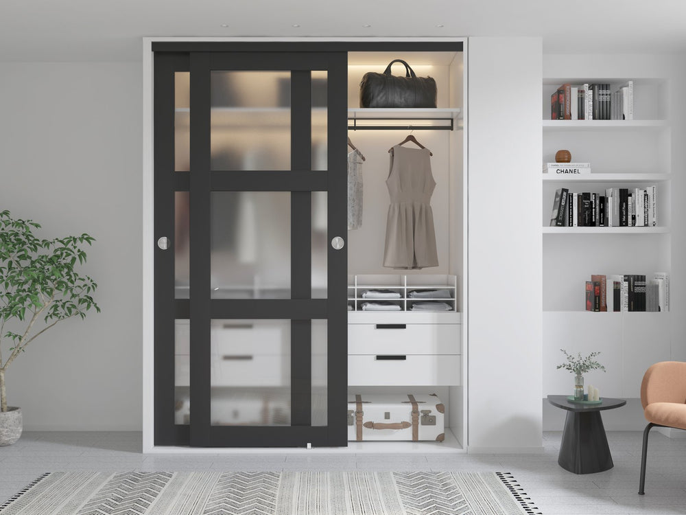 English Elm 30 in Matte Mdf Bi-fold Door with Frosted Glass Panels Hardware and Handle Included B2763P483227