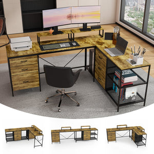 English Elm 114 Industrial L-Shaped Desk 114" with Power Hub & USB-C, 6 Fabric Drawers, 3 Shelves, Rustic Brown W2735P332342
