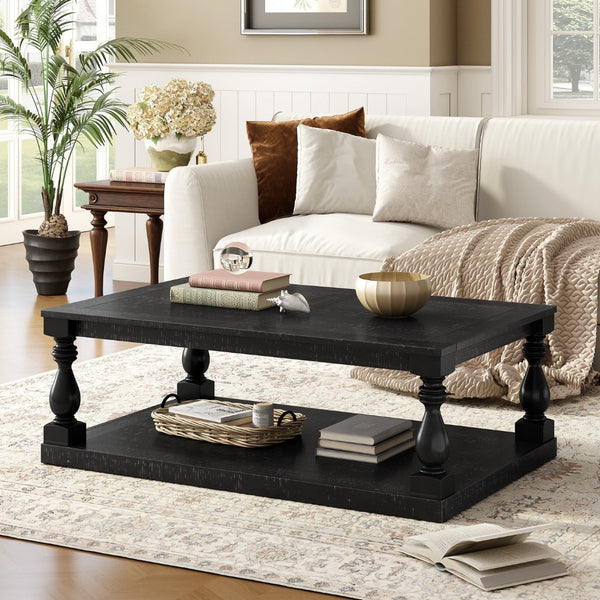 English Elm U_Style Vintage Coffee Table With Artistic Vase Legs & Luxurious Pine Veneer For Elegant Spaces N711P256967B-GIGA