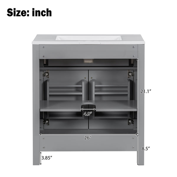 English Elm 30" Modern Bathroom Vanity with Ceramic Sink and Soft-Close Doors, Solid Wood MDF Build, Sleek Handles Gray N729P263155E