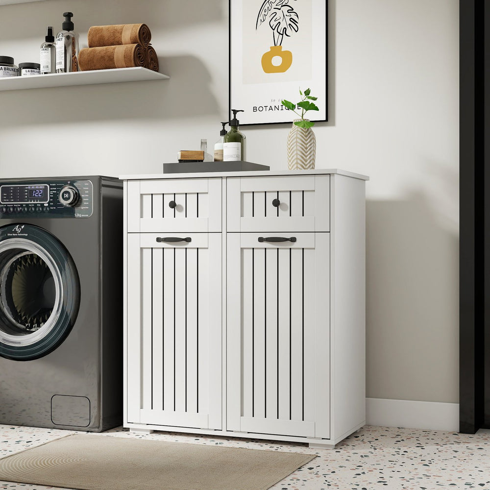 English Elm Laundry Sorting Cabinet with Two Hamper Bags Two Drawers and Melamine Finish W331P373959