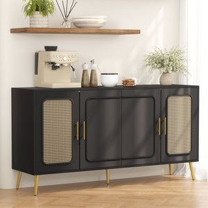 English Elm 59.84" Vintage Four-Door Cabinet with Plastic Rattan Panels, Black MDF Storage Console, Sturdy W757P203147