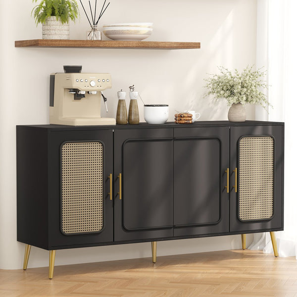 English Elm 59.84" Vintage Four-Door Cabinet with Plastic Rattan Panels, Black MDF Storage Console, Sturdy W757P203147