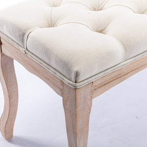 English Elm Bedroom Bench Tufted Linen Seat with Carved Distressed Wood Legs French Country Style Beige W3244P493647