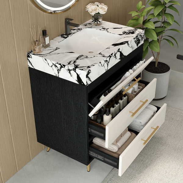 English Elm Modern Freestanding Bathroom Vanity with Sintered Stone Top and Golden Steel Legs W3136S00050