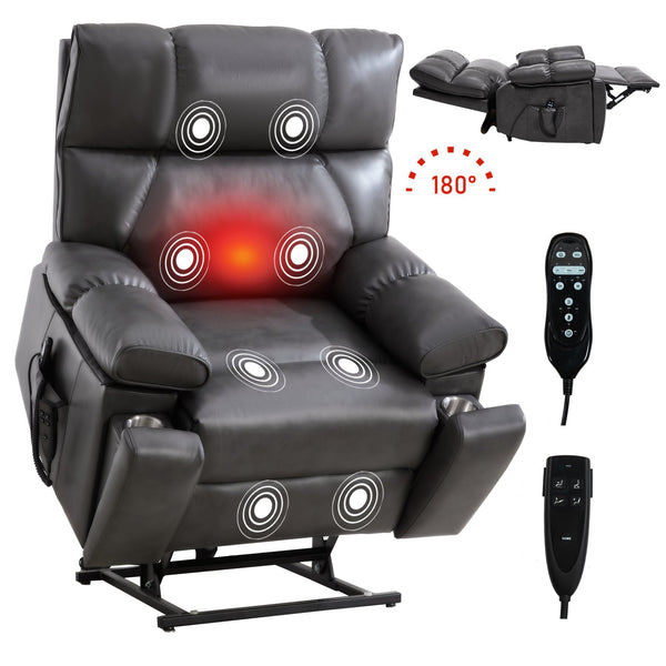 English Elm Dark Grey Leatheraire Power Lift Recliner Dual Motor Massage Heat Heavy Duty W1803P340317