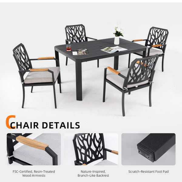 English Elm 5PC Outdoor Patio Aluminum Furniture Set with Sunbrella Cushions, Branch-Back Chairs & Umbrella Hole W1886S00026