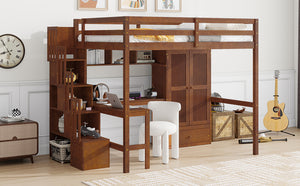 English Elm Twin Over Full Bunk Bed Solid Pine Frame with Built-in Slide and Storage Staircase Walnut W504S00286
