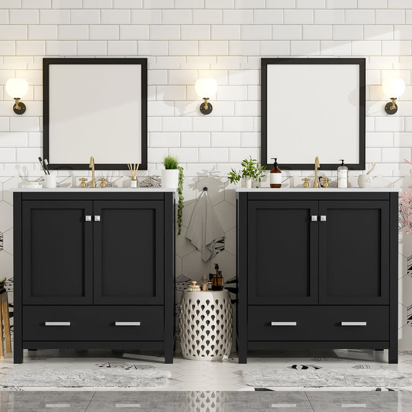 English Elm Modern 48 Inch Freestanding Bathroom Vanity Dual Ceramic Sinks Soft Close Gold Handles Black N729P000001B