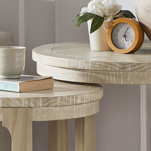 English Elm (1 Coffee Table+1 Side Table) Two-piece Pine Wood Round Set with Wheels Rustic Living Room Oak W2582S00195