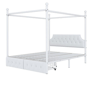 English Elm Queen Metal Canopy Platform Bed with Upholstered Velvet Headboard, Built-In Storage Drawers, White Elegance DL000656AAK
