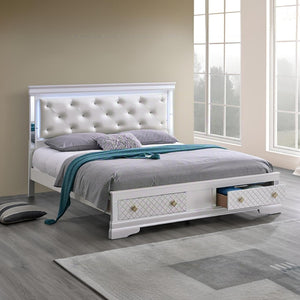 English Elm Verona King Bed With Jeweled Tufted Headboard, Led Lighting & Built-In Storage - Pearl White Elegance B078S00641-GIGA