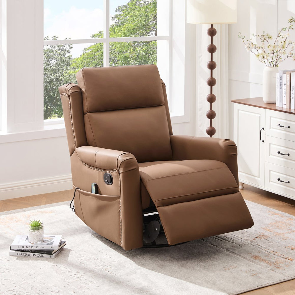 English Elm Modern Swivel Rocker Recliner Pu Leather Chair with Massage Heat and Storage Pocket Brown N763P399629D