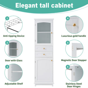 English Elm 63" Tall Bathroom Vanity Cabinet with Glass Doors, Two Drawers and Adjustable Shelves for Stylish Storage White N729P171305K