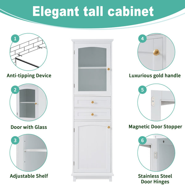 English Elm 63" Tall Bathroom Vanity Cabinet with Glass Doors, Two Drawers and Adjustable Shelves for Stylish Storage White N729P171305K