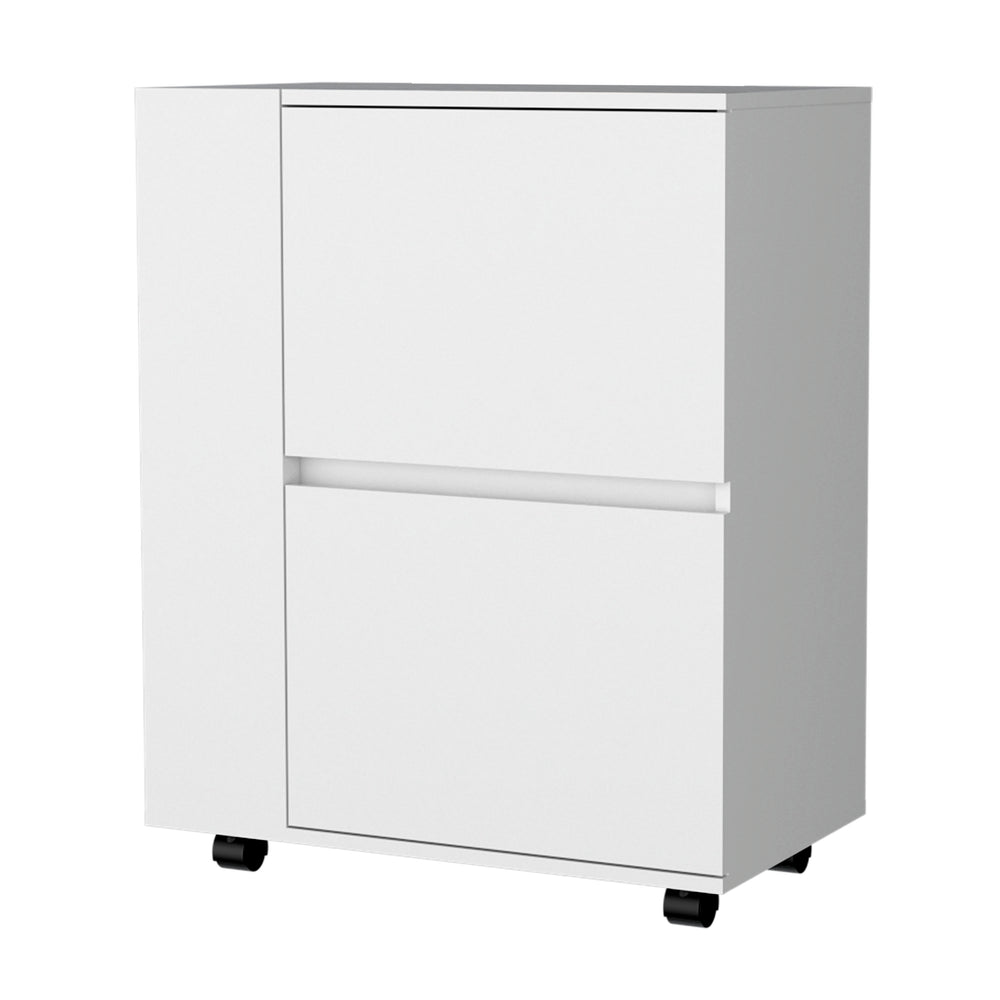 English Elm Fm Furniture Logan Rolling White Bar Cart with Open Shelves and Concealed Cabinet Storage B128P321070