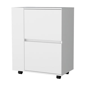 English Elm Fm Furniture Logan Rolling White Bar Cart with Open Shelves and Concealed Cabinet Storage B128P321070
