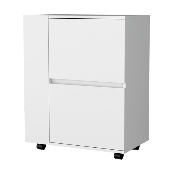 English Elm Fm Furniture Logan Rolling White Bar Cart with Open Shelves and Concealed Cabinet Storage B128P321070