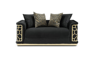 English Elm Talia Chic Micro Suede Loveseat with Patterned Arms, Gloss Brass Trim & Kiln-Dried Hardwood Frame Black 35 L x 26 W x 69 H B078P301560