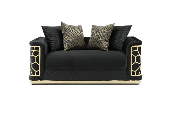 English Elm Talia Chic Micro Suede Loveseat with Patterned Arms, Gloss Brass Trim & Kiln-Dried Hardwood Frame Black 35 L x 26 W x 69 H B078P301560