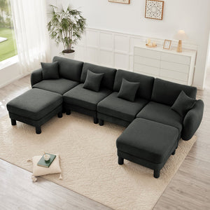 English Elm Boucle U-Shape 4-Seater Sectional Sofa With Shell Armrests & Movable Ottomans In Dark Grey Fabric W3041S00305