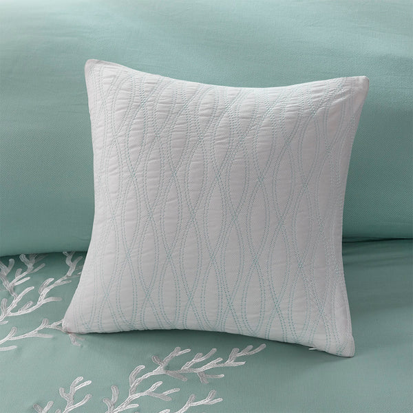 JLA Home Harbor House Blue - Duvet Harbor House Aqua Coral Embroidered Cotton Jacquard Set with White Pieced Border, Ties 90 L x 90 W x 0.13H HH12-1542