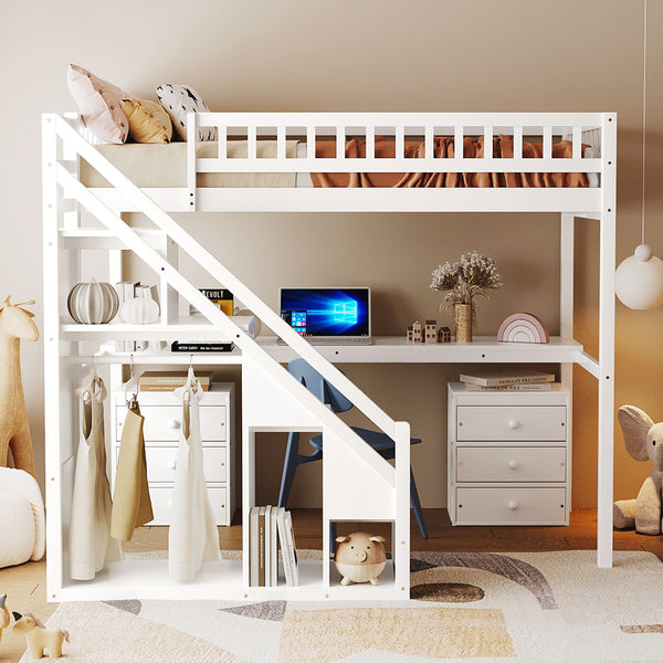 English Elm Twin Loft Bed with Staircase Desk Dual Drawers and Led Strip for Kids Rooms LT000257AAK
