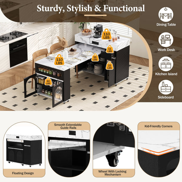 English Elm Trexm Rolling Kitchen Island Extendable Marble Top Cabinet Drawers Power Outlet Black,White Marble XW000029AAB
