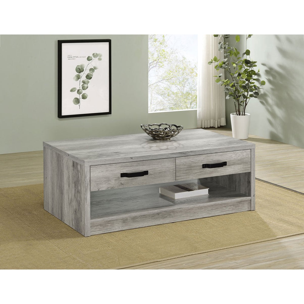 English Elm Nuberg Driftwood Finish Rectangular Coffee Table with Drawers and Open Shelf Storage B062P441290