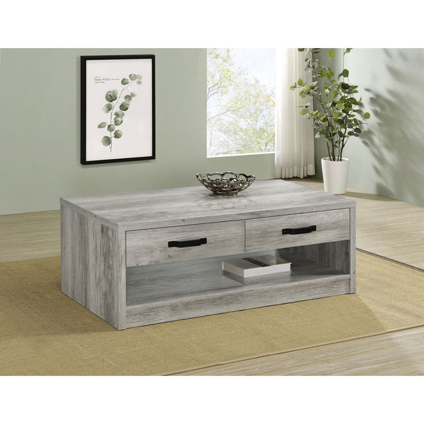 English Elm Nuberg Driftwood Finish Rectangular Coffee Table with Drawers and Open Shelf Storage B062P441290