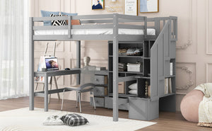 English Elm Full Full Size Loft Bed with L-Shaped Desk, Drawers, Cabinet and Staircase Storage for Space-Saving Rooms Gray GX000469AAE