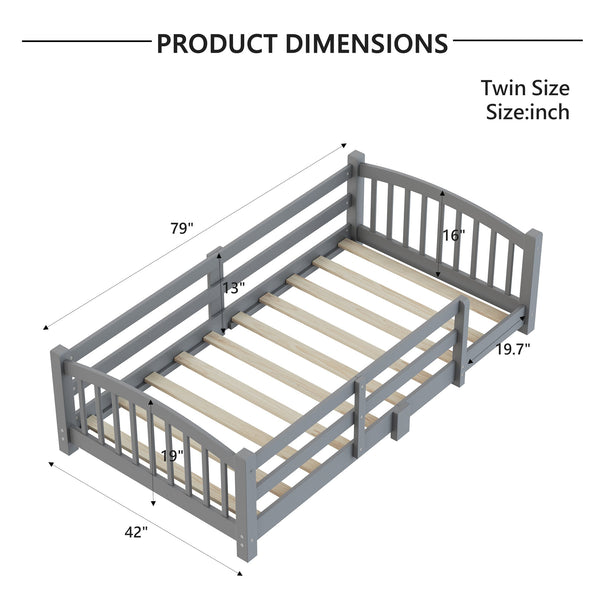 English Elm Twin Montessori Floor Bed Solid Pine Frame with Safety Guardrails for Kids Bedroom Gray N733P400298E