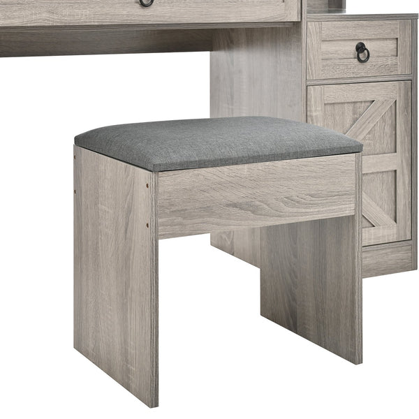 English Elm Farmhouse LED Vanity Desk with Sliding Mirror, Glass Top Storage, Built-In Charging Station & Stool Gray 37 L x 18.5 W x 13 H N733P340562G