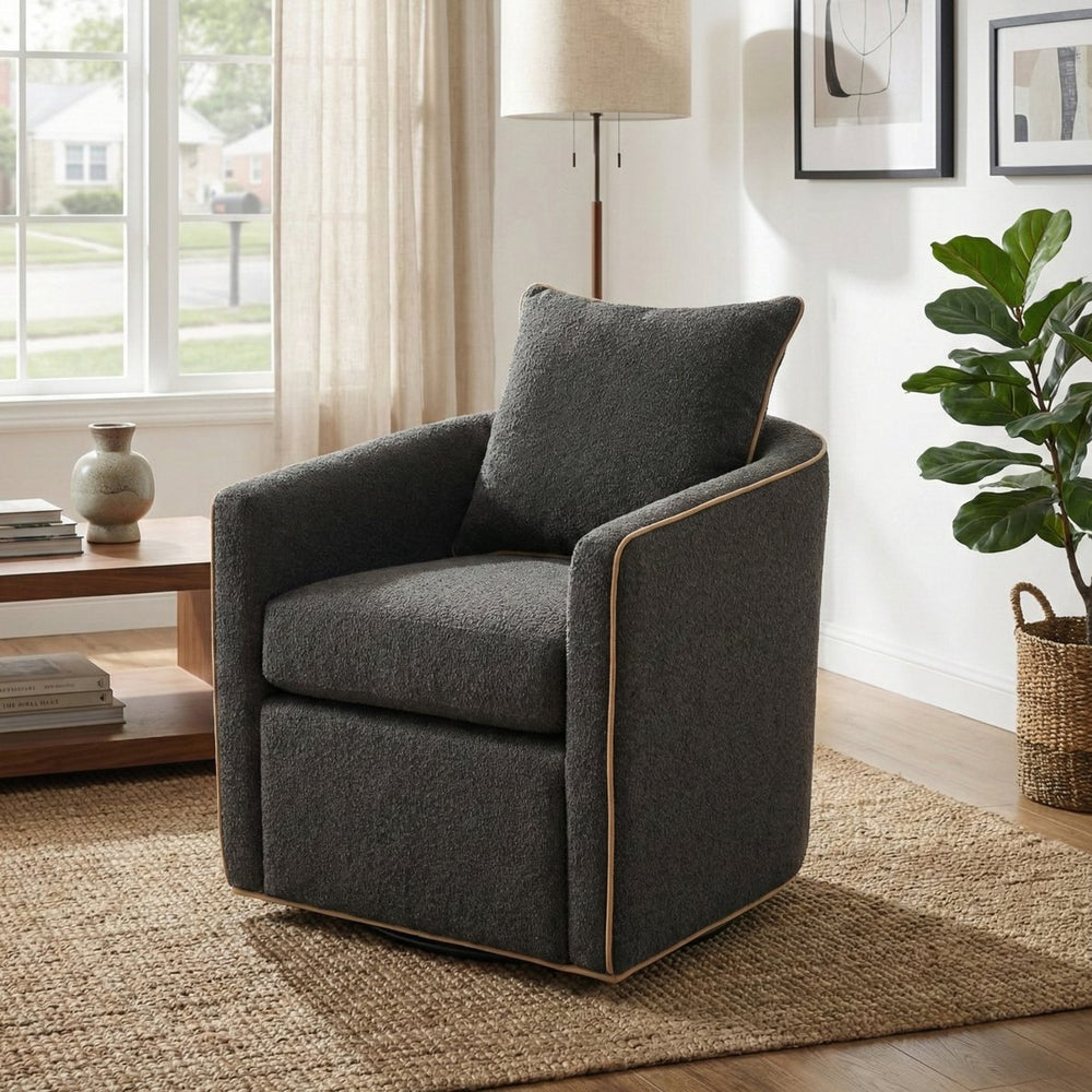 English Elm Swivel Barrel Accent Chair Boucle Upholstered with 360 Base for Living Room Corners Dark Grey N763P376127R