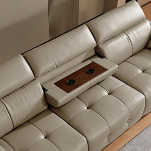 English Elm Genuine Top-grain Leather Three-seat Sofa with Reclining Backrests and Center Storage Beige White W1765S00132