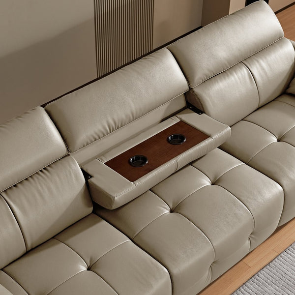 English Elm Genuine Top-grain Leather Three-seat Sofa with Reclining Backrests and Center Storage Beige White W1765S00132
