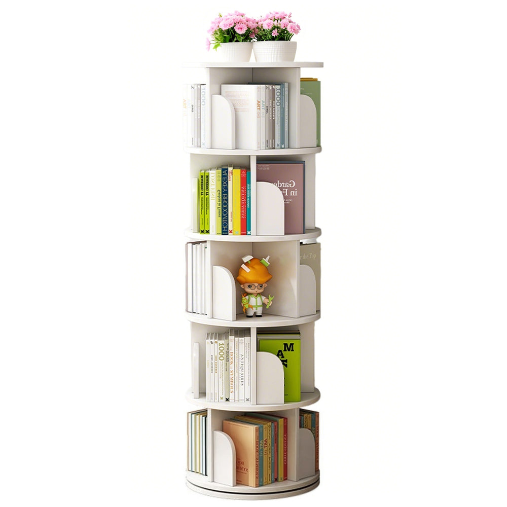 English Elm 5 Tier Rotating Bookshelf Tower with Curved Edges, 360° Smooth Spin, Stable Double-Layer Base, Space-Saving Storage White W3204P293743