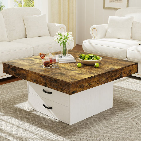 English Elm Coffee Table Square Led Lit Engineered Wood Farmhouse Design with Storage Drawers White W1550P317688