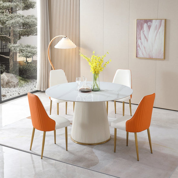 English Elm 53 Inch Round Sintered Stone Dining Table Carrara Marble Look Seats Eight W509S00172
