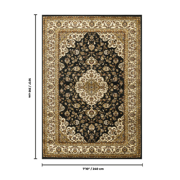 English Elm Classic Medallion Area Rug in Black Low Pile for Living Room or Dining Space B186P452241