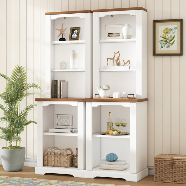 English Elm On-trend Two Piece Walnut Veneer Freestanding Bookcase Set with Curved Sculptural White N721P394507K