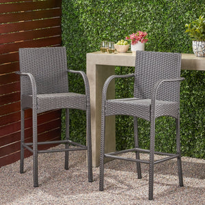 English Elm Christopher Knight Home® - CASCADA Outdoor Wicker Barstools Set of 2 — Durable Powder-Coated Iron Frame, Handcrafted Faux Rattan Lounge Grey 64901.00GRY