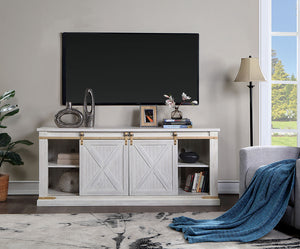 English Elm Antique Rustic Farmhouse TV Console 72"W with Sliding X-Panel Doors, Metal Accents & Open Shelves Antique White 77 L x 34 W x 9 H B2741P361924