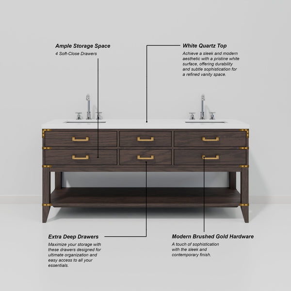 English Elm Brown Oak Double Bath Vanity 72" W X 22" D, Elegant White Quartz Top, Ample Storage & Soft-Close Drawers B2731P260292