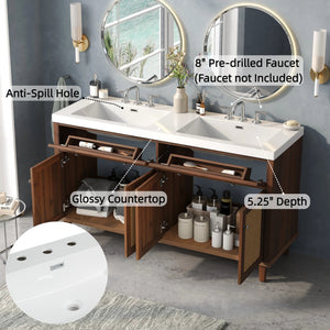 English Elm 60 Inch Double Sink Bathroom Vanity Rattan Pine Legs Soft Close Storage Brown N817P296140B